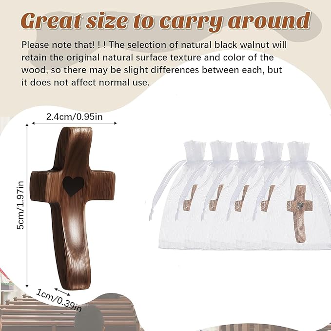 Handmade 10Pcs Wooden Cross Fidget Bulk with Organza Bags - Stress Relief Pocket Cross My Heart for Christian, Pocket Prayer Cross, Religious Easter Day Gifts