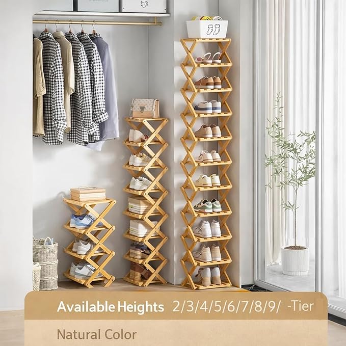 DDRIC 9-Tier No-Assembly Bamboo Rack, 2026 Upgraded Foldable Corner Shoe Rack, Space-Saving Organizer for Shoes, No-Tool Narrow Shelf for Entryway Closet Dorm (Nuture,8-Tier)