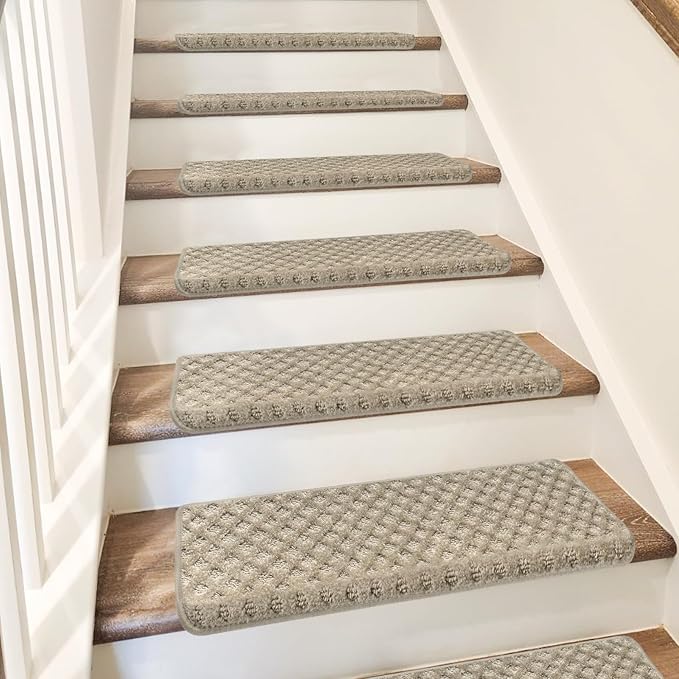 PURE ERA Bullnose Carpet Stair Treads Tape Free Non-Slip Indoor Stair Protectors Pet Friendly Stair Treads for Wooden Steps 9.5" x 30"(2 Pieces,Cream Gray Mini-Diamond Trellis)