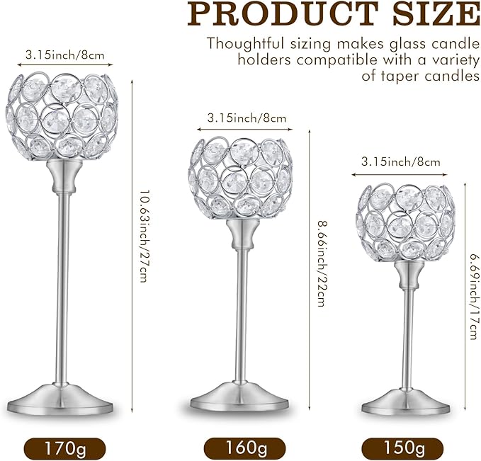 Crystal Metal Tealight Candlestick, Bling Bowl Candelabras, Tall Crystal Candle Holders Elegant Candle Centerpiece for Dining Table Wedding Home Mantel Decor(Silver, 4Sets(12 Pcs))