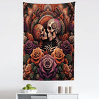 Ambesonne Hippie Tapestry, Mystic Rose Flowers and Oriental Mandala Skeleton Lovers Goth Art Skulls, Fabric Wall Hanging Decor for Bedroom Living Room Dorm, 30" X 45", Vermilion Dark Magenta