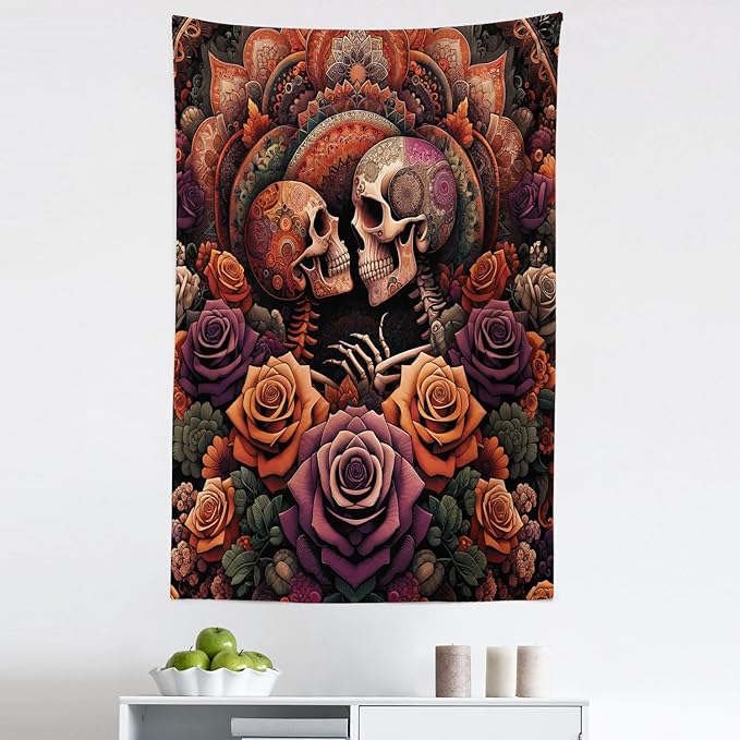 Ambesonne Hippie Tapestry, Mystic Rose Flowers and Oriental Mandala Skeleton Lovers Goth Art Skulls, Fabric Wall Hanging Decor for Bedroom Living Room Dorm, 30" X 45", Vermilion Dark Magenta