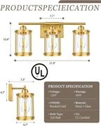 3-Light Brushed Gold Bathroom Light Fixtures, 21 Inch Modern Bathroom Vanity Lighting Fixtures Over Mirror with Clear Glass and Metal Cage Wall Sconce Lights for Bath, E26, OS-3014BG-3W