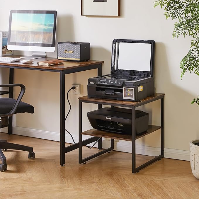 Square Side Table with Charging Station and USB Port, 20-inch Multi-Functional Side Table/Printer Table with Adjustable Storage Shelf, Retro Brown YD-TM153HD