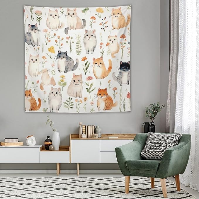 VUMIVI Cute Cat Tapestry Cartoon Pets Flowers Mushrooms Butterflies Watercolor Illustrations Tapestry Wall Hanging for Living Room Bedroom Dorm Classroom Aesthetic Decor W60xL60in