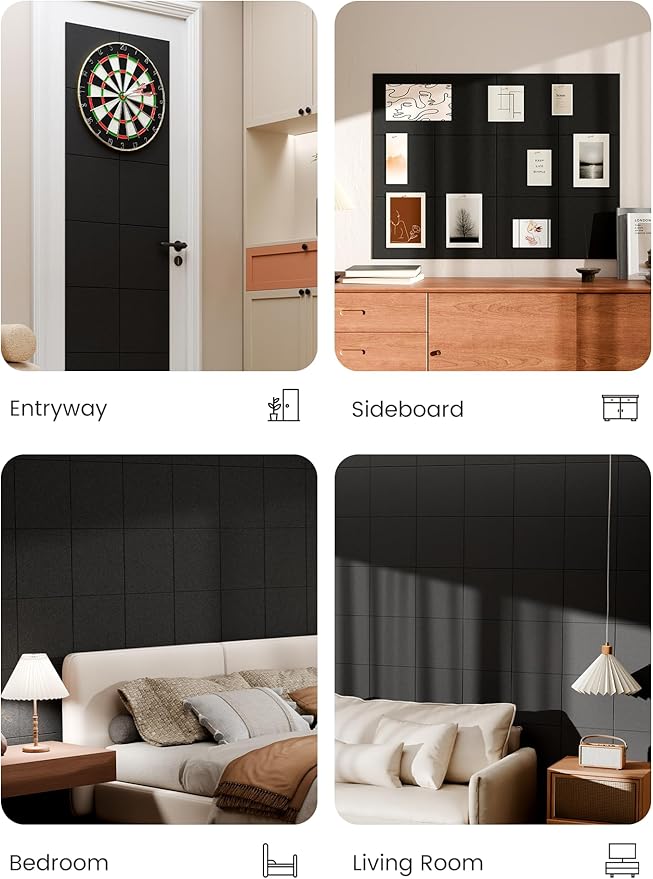 Bumusty Large Cork Board 48" x 36" Alternative - 12 Pack Felt Wall Tiles with 70 Safe Removable Adhesive Tabs, 30 Pushpins, Cork Boards for Walls Pin Board Bulletin Board Office Decor (Black)