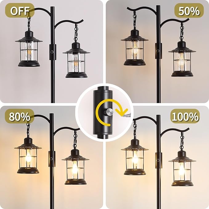 Industrial,Vintage Dimmable Floor Lamp,2 Classical Lanterns Standing Lamp, Rustic Farmhouse Floor Lamp with Black Finish