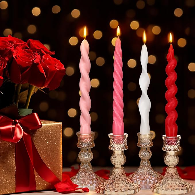 Nuanchu 4 Pcs 7.87 Inch Twisted Taper Candles Wax Unscented Smokeless Spiral Swirl Candlesticks for Wedding Holiday Dinner Party Home Decorations(Valentines Color)