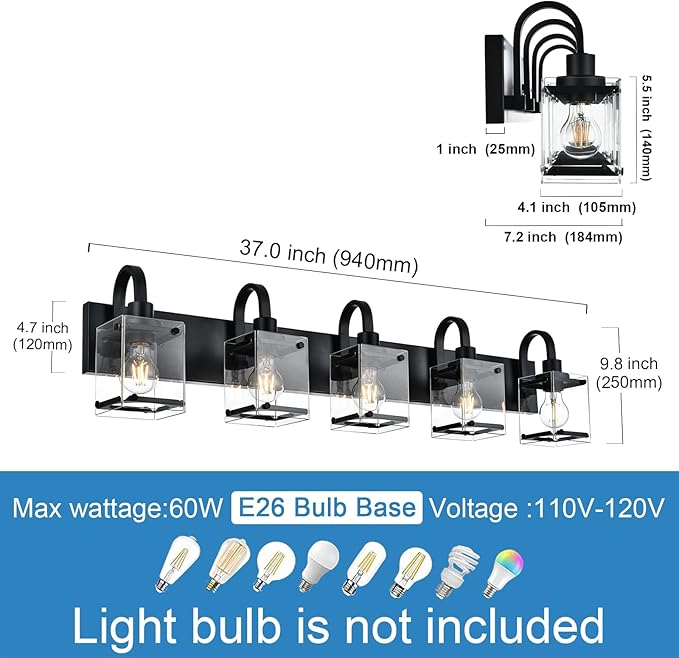 5 Light Vanity Light Bathroom Lighting Fixtures,Black Cage Vintage Wall Sconces Lighting,40.2 Inch Bath Wall Mounted Lights with Clear Glass Shade Bathroom Vanity Light for Living Room