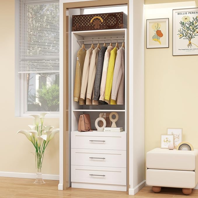 Dilando Closet System with Drawers, 2FT Wood Closet Organizer System 23.7" Walk-in Closet Corner Small Closets Storage System with Hanging Rods, White (2FT)