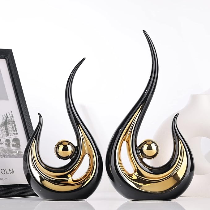 XMGZQ 2pcs Black and Gold Modern Abstract Art Statue Table Decoration,Elegantes Ceramic Statue for Home Décor Accent,Mantel,Bookshelf,Centerpiece Table Decorations for Dining Room,adornos para sala