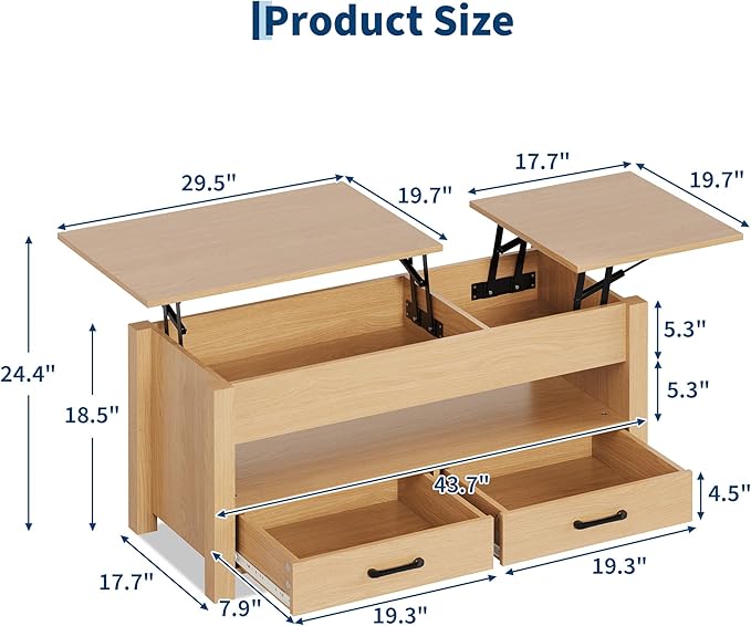 IDEALHOUSE 47.2" Coffee Table with Storage, Multi-Function Lift Top Coffee Table with Wooden Lift Tabletop, 2 Drawers and Hidden Compartment, Central Table for Living Room Home Office, Natural
