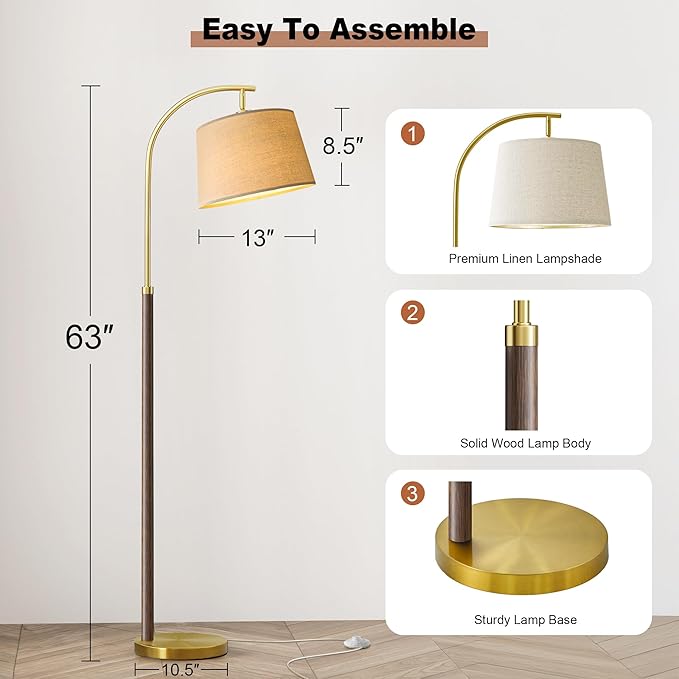 63" Wood Floor Lamps for Living Room with Foot Switch Arc Tall Standing Lamp for Bedroom Mid Century Modern Corner Gold Floor Lamps for Office Nursery Industrial Reading Lamp, Walnut Brown