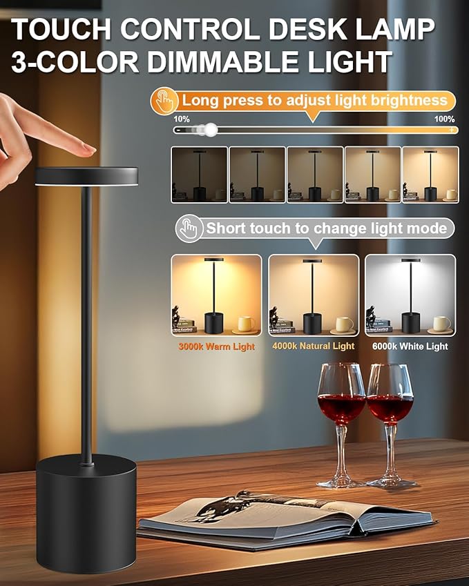 Cordless Table Lamp Set of 2, Rechargeable 5000mAh Battery Powered Outdoor Table Lamps, Portable LED Desk Lamp, 3 Color Dimmable Light for Restaurant, Patio, Bedroom, Bedside Night Lamp(Black)