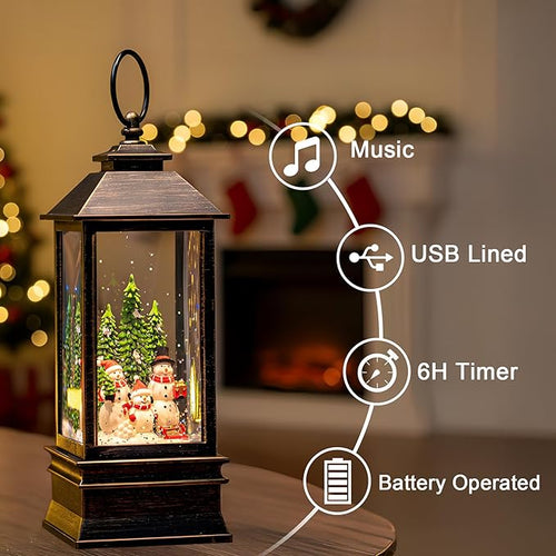 10'' Musical Snow Globe Lantern Lighted Snowman Family Water Lantern Swirling Glittering Home Decoration and Gift, Battery Operated or USB Powered