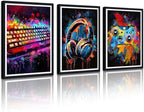 Novatique Game Wall Decor Cool Gaming Wall Art Pop Street Art Canvas Prints Video Gamer Watercolor Poster Framed for Living Room Bedroom,24" x 36" x 3pcs