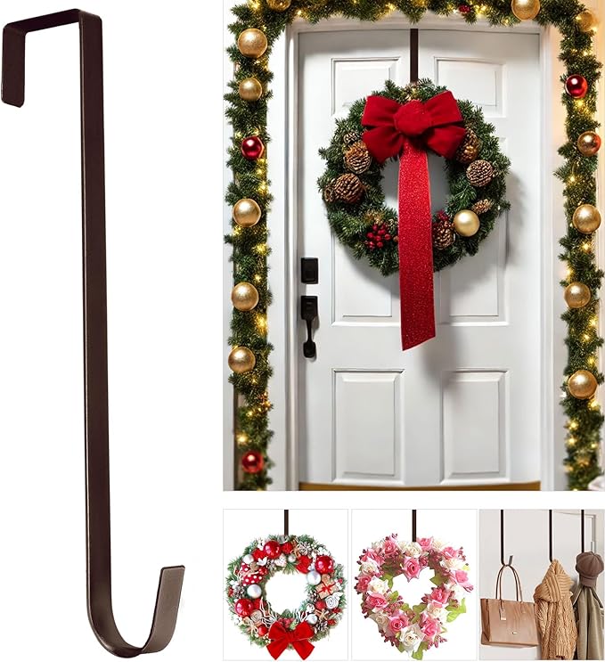 12" Metal Wreath Door Hanger, Non-Scratch Wreath Hangers for Front Door, Heavy Duty Over-the-Door Hooks for Hanging Welcome Sign, Easter, Halloween, Fall, Christmas Decoration, Holds up to 20 lbs
