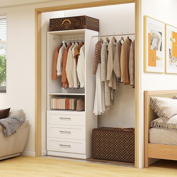 Dilando Closet System with Drawers, 2FT Wood Closet Organizer System 23.7" Walk-in Closet Corner Small Closets Storage System with Hanging Rods, White (2FT)