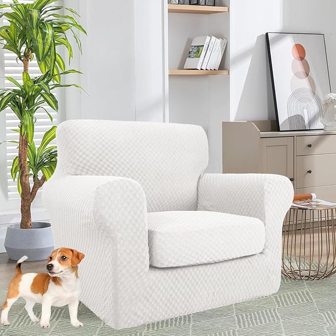 YEMYHOM Latest Checkered 2 Pieces Chair Covers for Living Room High Stretch Thickened Chair Slipcovers with Arms Anti Slip Elastic Armchair Sofa Couch Slipcover Protector (White), 31"-46"(1 Cushion)
