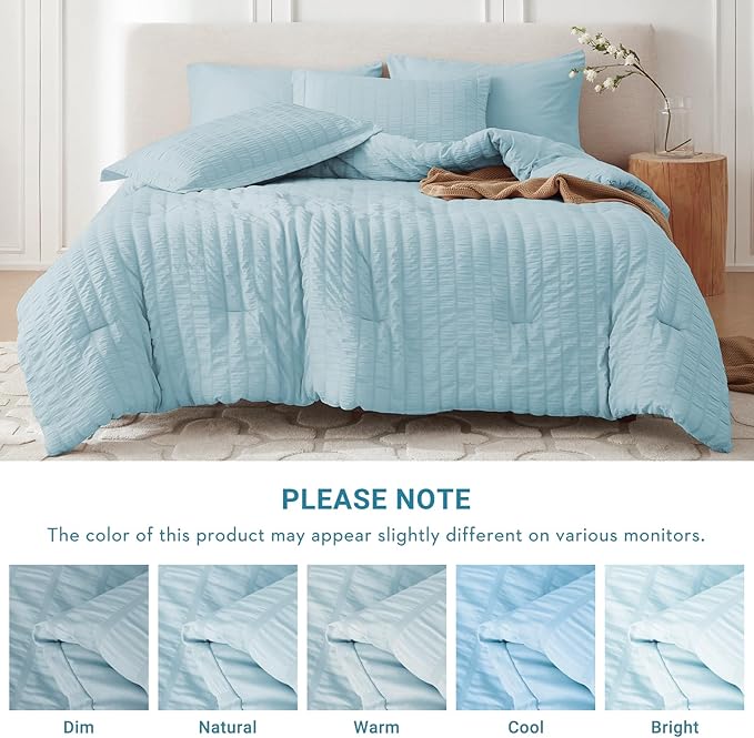 MUXHOMO 7 Pieces California King Comforter Set, Seersucker Bed in a Bag Cal King Size, All Season Luxury Bedding Set with Comforter, Flat Sheet, Fitted Sheet, Pillowcases & Shams, Lake Blue