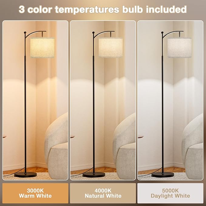 Ambimall 60" Floor Lamps for Living Room with 3 Color Temperatures, Adjustable Grey Shade with Black Pole, Tall Lamps for Living Room Bedroom Office Classroom Dorm Room, 9W Bulb Included