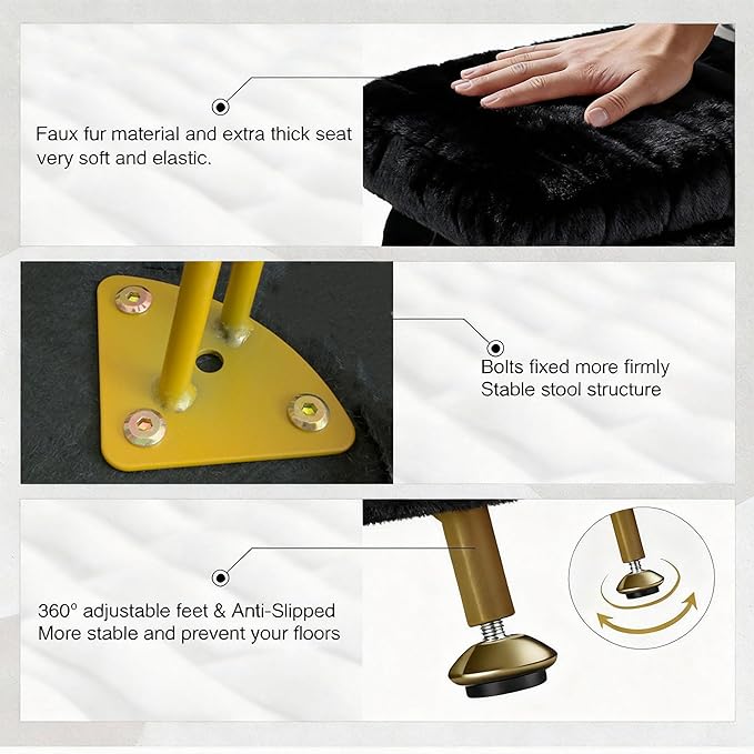ACEQLYT® Small Foot Stool Ottoman with Storage, Foot Rest for Couch and Chair, Black Faux Fur Storage Ottoman with Gold Metal Legs and Padded Seat