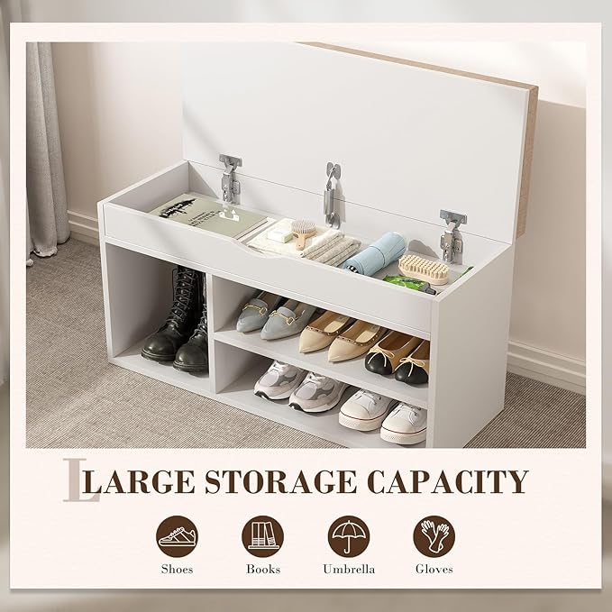 Apicizon 31 Inches Storage Bench, Shoe Bench with Flip Top Storage Space and Padded Cushion, Wooden Entryway Bench for Entryway, Living Room, 2-Tier Shoe Rack Organizer, White