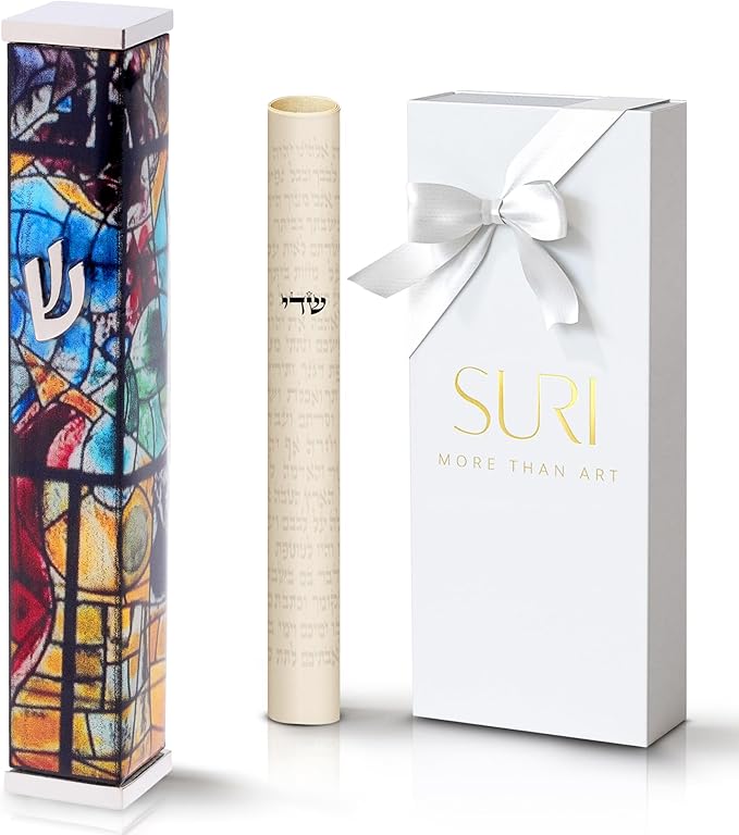 SURI Mezuzah for Door with Printed Scroll Inside | 4" Modern Mezuzah Case (Silver Yellow)
