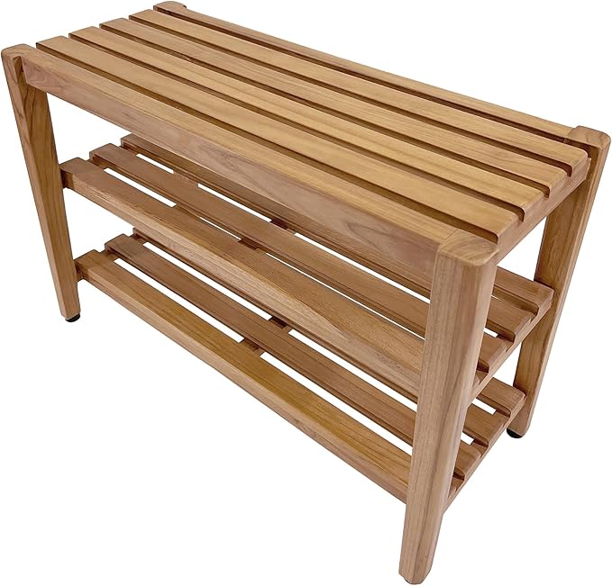 Asta Select Solid Teak 27" Shoe Rack Bench, Teak Entryway Bench, 3-Tier Shoe Storage Organizer, for Entryway, Bedroom, Bathroom and Garden, Fully Assembled, TF-91