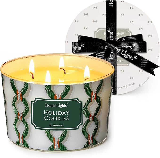 HomeLights 4-Wick Candles for Home Scented - 18oz Soy Wax Blend Candle Long-Lasting Fragrance, Rustic Modern Home Decor and Housewarming Gifts, Holiday Cookies