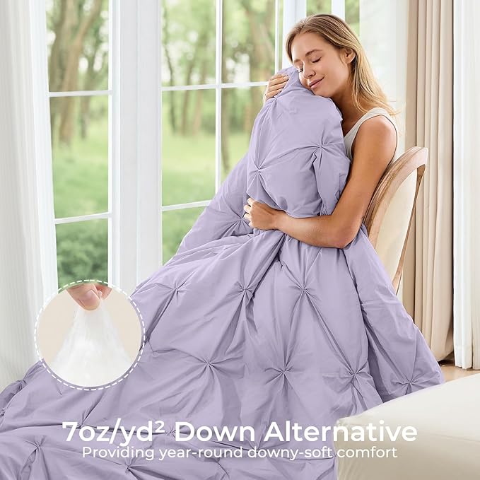 Sasttie Queen Comforter Set, 7-Piece Bed in a Bag, Pintuck Bedding Sets for All Season, Includes Comforter, Flat Sheet, Fitted Sheet, Pillowcases and Pillowshams, Lavender