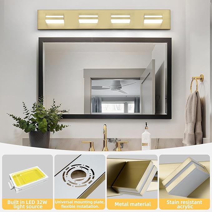 OKELI 5 Lights Bathroom Vanity Light Fixtures Gold LED Dimmable Vanity Light Over Mirror Modern Wall Mounted Lighting Fixture, 350° Rotatable Lamp Head 24W Cold White 6000K ETL Listed
