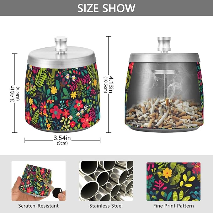 Colorful Bright Little Flowers Ashtray with Lid, Outdoor Ashtrays for Patio, Stainless Steel Ashtray Odorless Smokeless for Home Office Balcony