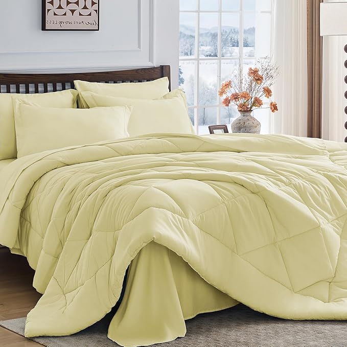 HEVUMYI Cream Yellow Twin Comforter Set - 5-Piece All Season Bed in a Bag Twin, Ultra Soft Bedding Set with Comforter, Flat Sheet, Fitted Sheet, Pillowcases, Pillow Shams