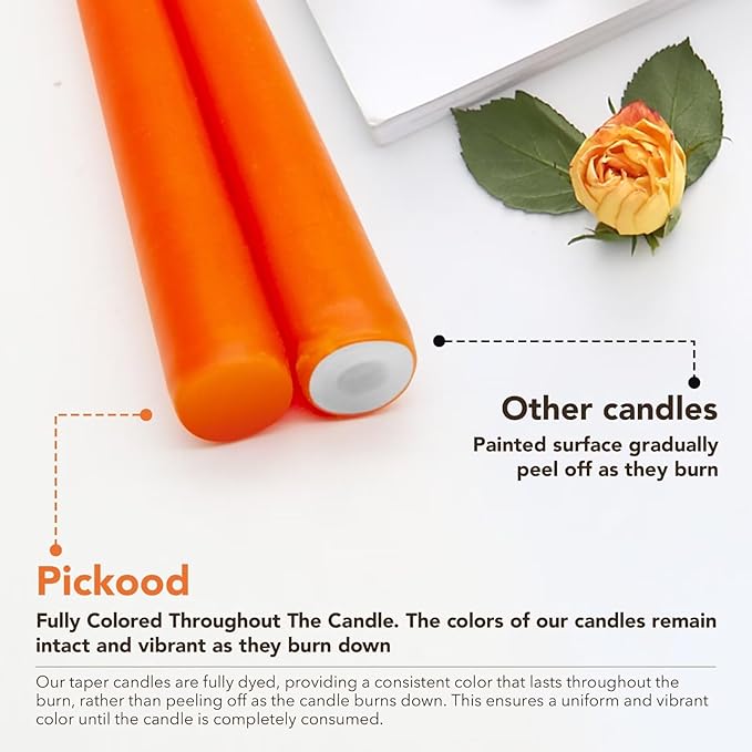 New Burning Formula Unscented Dripless 12-Inch Taper Candles Set of 12 - Orange, for Wedding, Dinner - Smokeless, Long Burning - Hand Poured, Colored Tall Candlesticks - Naranja
