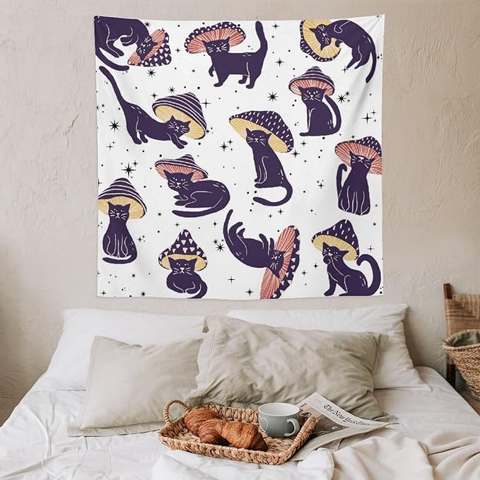 VUMIVI Funny Cat Mushroom Tapestry Retro 70s Hippie Style Cute Black Kitten Star Aesthetic Art Print Tapestry Wall Hanging for Living Room Bedroom Dorm Classroom Aesthetic Decor W60xL60in