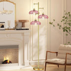 Pink Floor Lamp for Living Room,Bedroom,Gold Mid Century Modern Standing Lamp Brass Tree 3 Light Tall Floor Lamps Vintage Retro Floor Lights Glass Flower Lamp Shade Farmhouse Boho Bohemian