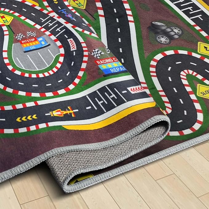 Kids Rug,Children's Room Rug,Road Race Play Rugs, Rail City Living Rugs, Washable Non-Slip Play Mats. (Crimson, 47x71in)