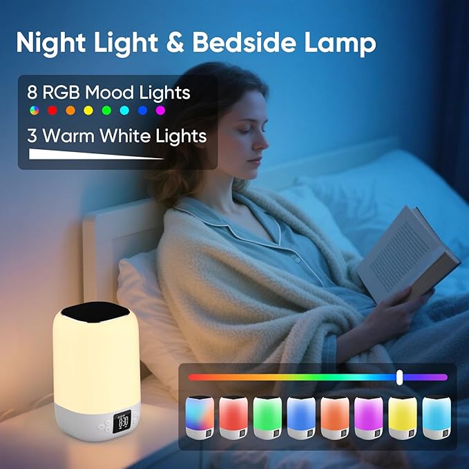 Night Light Bluetooth Speaker Alarm Clock, Sound Machine with White Noise, Touch Bedside Lamp for Bedroom, Dimmable Warm Light, 8 RGB Color Changing, Ideal Gift for 10-15 Year Old Teenage Boys Girls