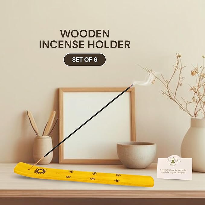 Hosley Set of 6 Wooden Incense Burners, Yellow 10" Long, Ideal Home Decor, Room Decor & Kitchen Decor, for Wedding, Aromatherapy, Zen, Spa, Reiki, Meditation