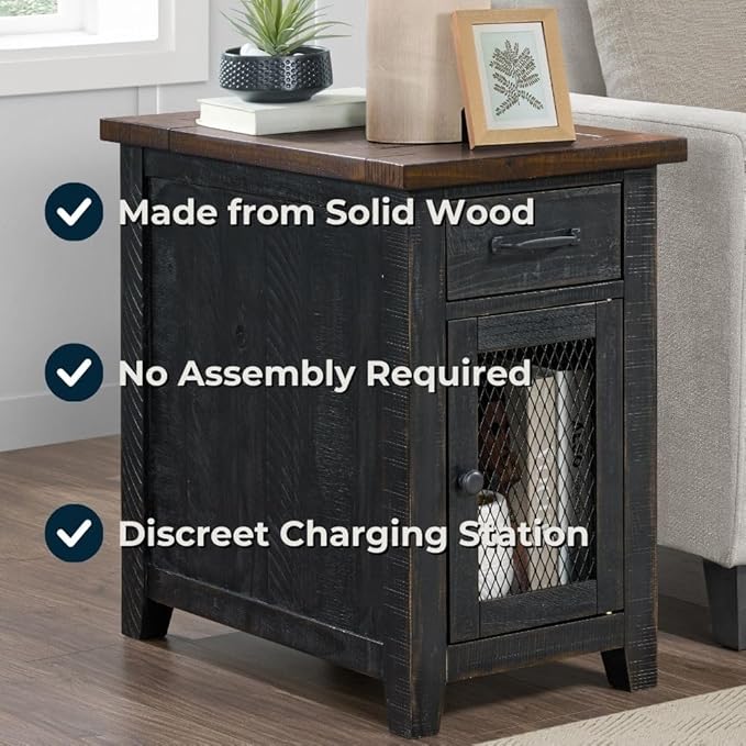 Martin Svensson Home Solid Wood Black and Brown Rustic Chairside End Table with Power and Storage