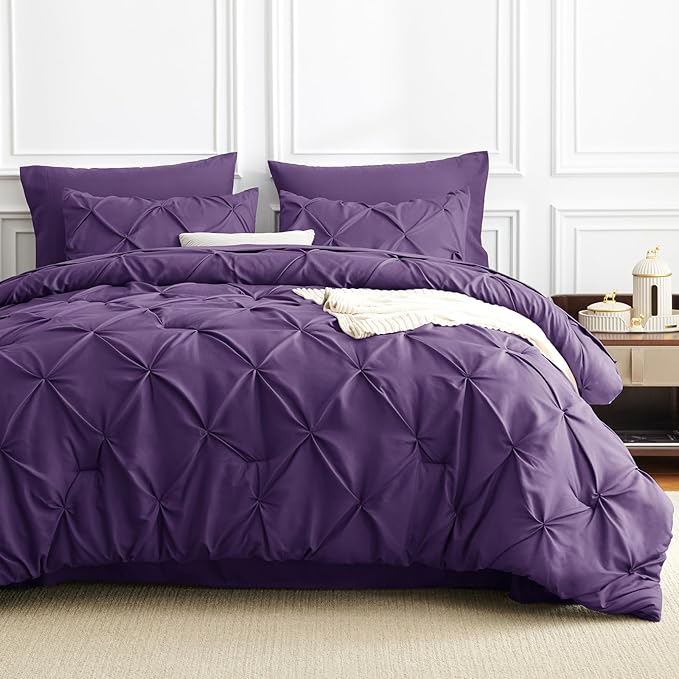 CozyLux Queen Comforter Set Purple, 7 Pieces Pintuck Bed in A Bag, Premium Purple Comforter Queen Size, Pinch Pleat Bedding Sets with Comforter, Sheets, Pillowcases & Shams
