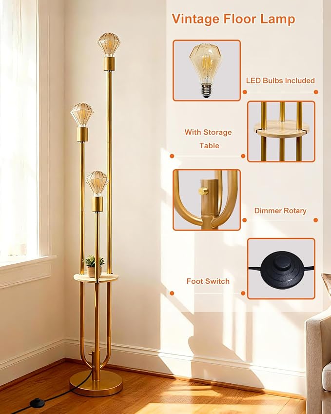 Lightdot Gold Floor Lamp for Living Room, Dimmable Vintage Floor Lamp with Shelf & E26 Base Bulbs, 3 Light Mid Century Standing Lamp, Tall Lamp for Bedroom/Sofa Beside/Corner Decor(Bulbs Included)