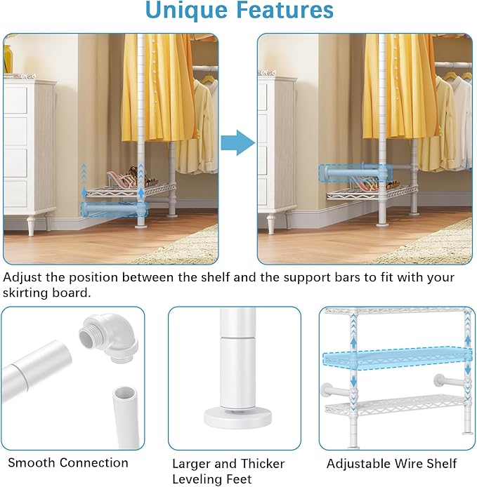 Timate F3 Garment Rack Heavy Duty Clothes Rack for Hanging Clothes, Expandable Industrial Pipe Wall Mounted Clothing Rack, Adjustable Storage Closet Wardrobe Closets System, White