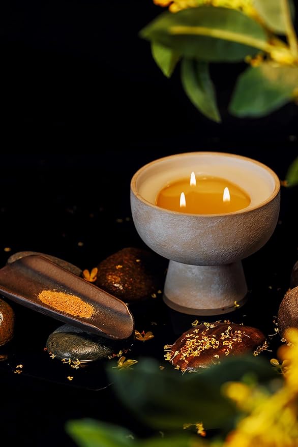 Blueme Calm Candle | Osmanthus & Sandalwood | 3 Wick - Refillable Wellness Candle with Essential Oils, Hand Finished & Poured Soy Wax Blend Ceramic Vessel, Natural Cotton Wicks | Medium 12 oz