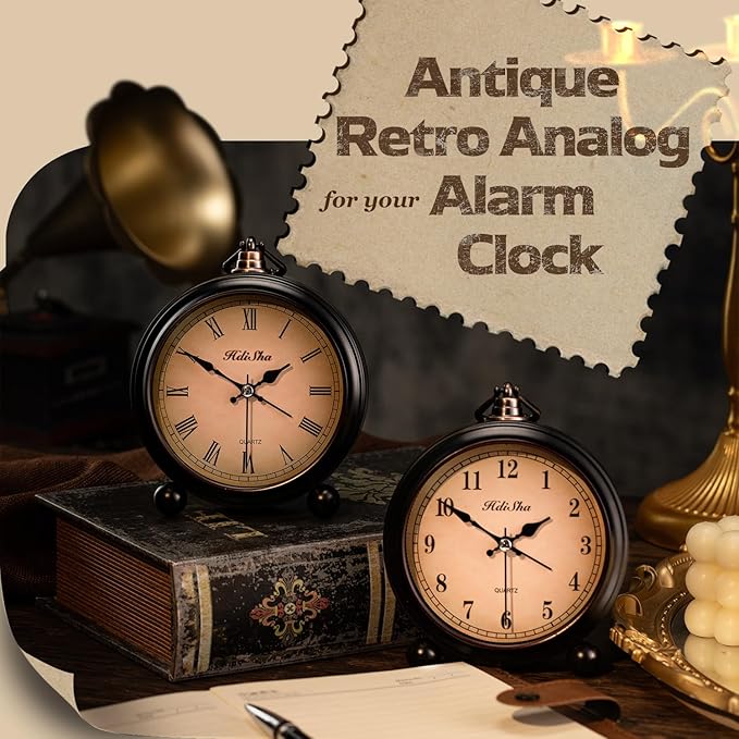 Vintage Alarm Clock, 5 inch Battery Operated Silent Non Ticking Snooze Small Clock with Night Light, Old Fashioned Desk Clock Decor for Bedroom, Bedside, Living Room, Room (Arabic)