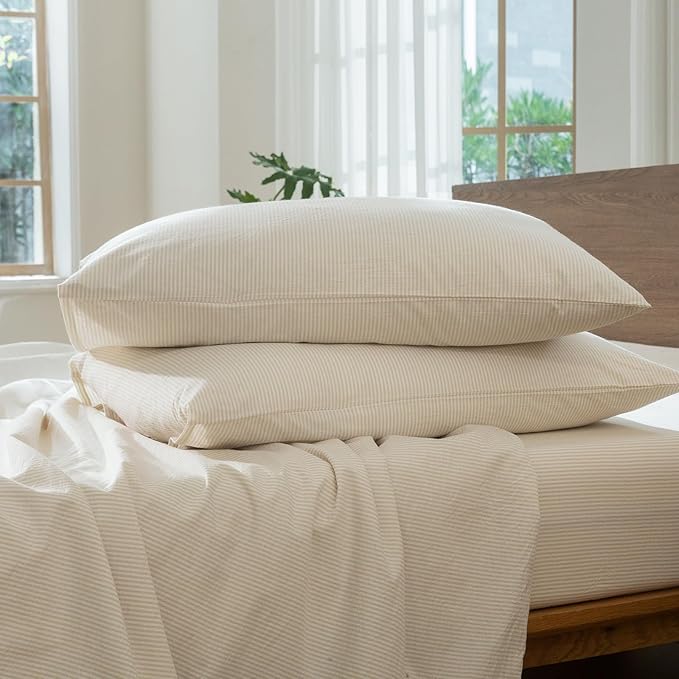 MooMee Striped Duvet Cover Set 100% Washed Cotton Linen Like Textured Breathable Durable Soft Comfy (Almond Milk Grey Pinstripes, Oversized Queen 98"x98")