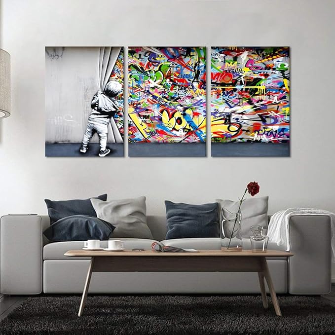 Novatique Banksy Wall Art Street Graffiti Picture Wall Decor Colorful Behind the Scenes Graffiti Poster Print Framed Ready to Hang Suitable for Living Room Office, 20" x 28" x 3Pcs