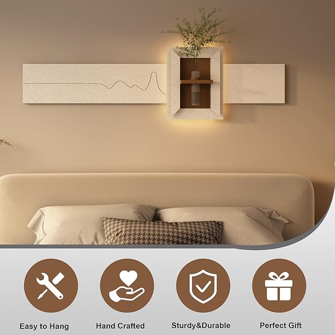 LED Sandstone Wall Decor, 3D Wall Art Sculpture, Simulated Green Plants, Glass Vase & Rabbit Statue, 3 Color Remote Control Light, for Living Room, Bedroom, Hallway(Light Coffee,47.2 * 23.6in)