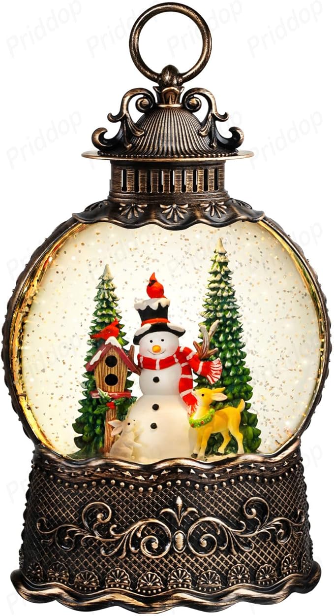 Snowman Snow Globe Christmas Decorations Indoor Deer Cardinal Snowman Gifts Classic Relief Texture Musical Glitter Snowfall USB/Battery Timer Lantern 10.6 inch